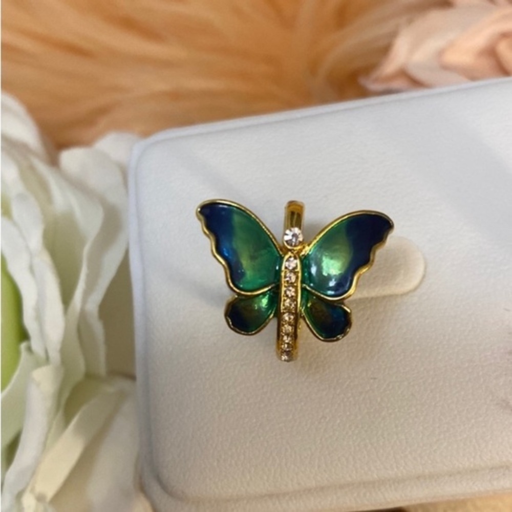 Metallic Green & Blue Enamel Butterfly Ring With CZ Accent Diamonds NEW!